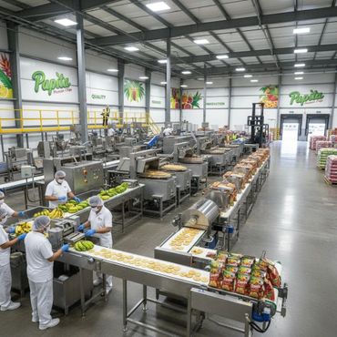 Workers package plantain chips in a clean, large factory with automated machinery.