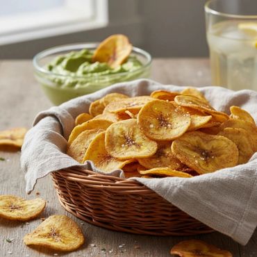 Basket of plantain chips with guacamole dip and a glass of lemon water.
