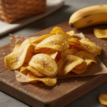 Close-up of crispy banana chips on a wooden board with a banana in the background.