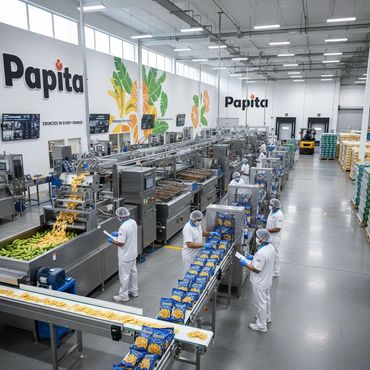 Modern food processing plant packaging snacks with workers in protective gear.