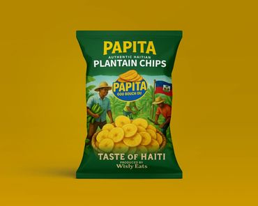 Green bag of Papita Authentic Haitian Plantain Chips with colorful illustration and Haitian flag.