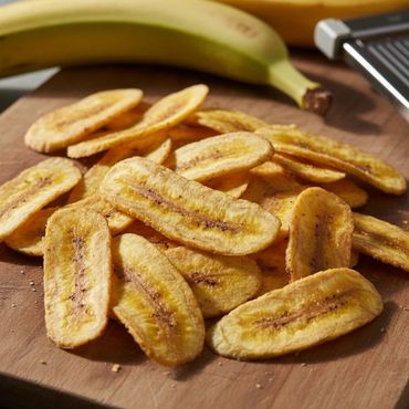 Close-up of crispy banana chips on a wooden board with a fresh banana in the background.