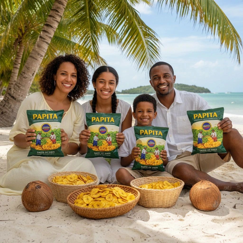 Happy family on the beach holding Papita plantain chips with baskets of chips and coconuts.