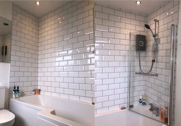 Classic White Metro tiles with mid-grey grout work.