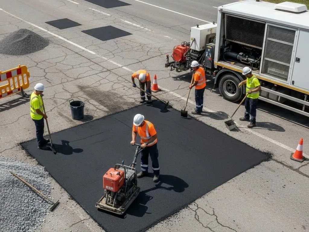 Travailleurs réparent une route en asphalte.