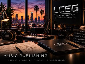 Music publishing workspace with city sunset view.