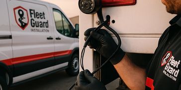 Technician installing a Fleet Guard camera on a vehicle.