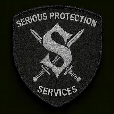 Black patch with crossed swords and 'Serious Protection Services' text.