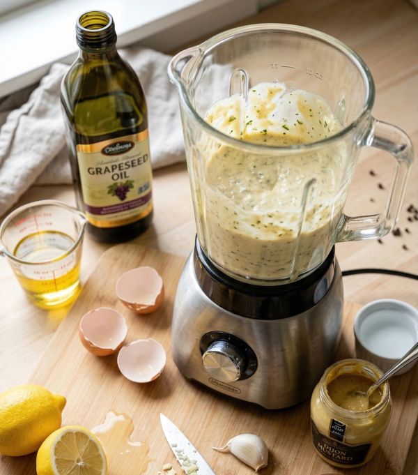Blender preparing a creamy sauce with grapeseed oil, eggs, lemon, garlic, and mustard on a wooden board.