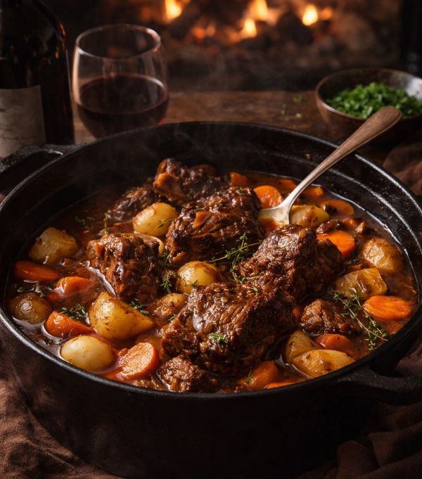 Hearty beef stew with carrots, potatoes, and onions in a cast-iron pot.
