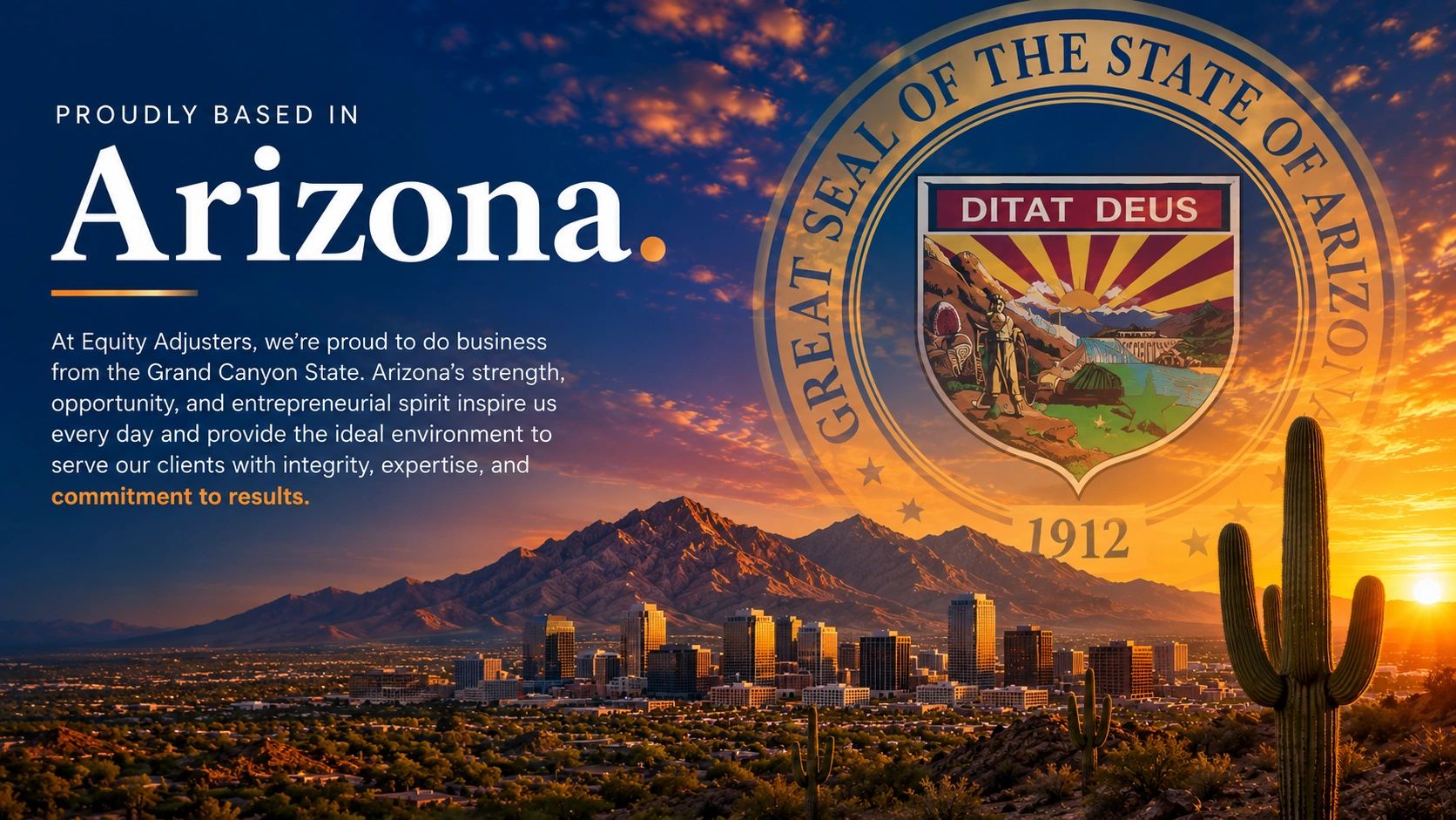 Sunset over Phoenix, Arizona, with state seal and business message.