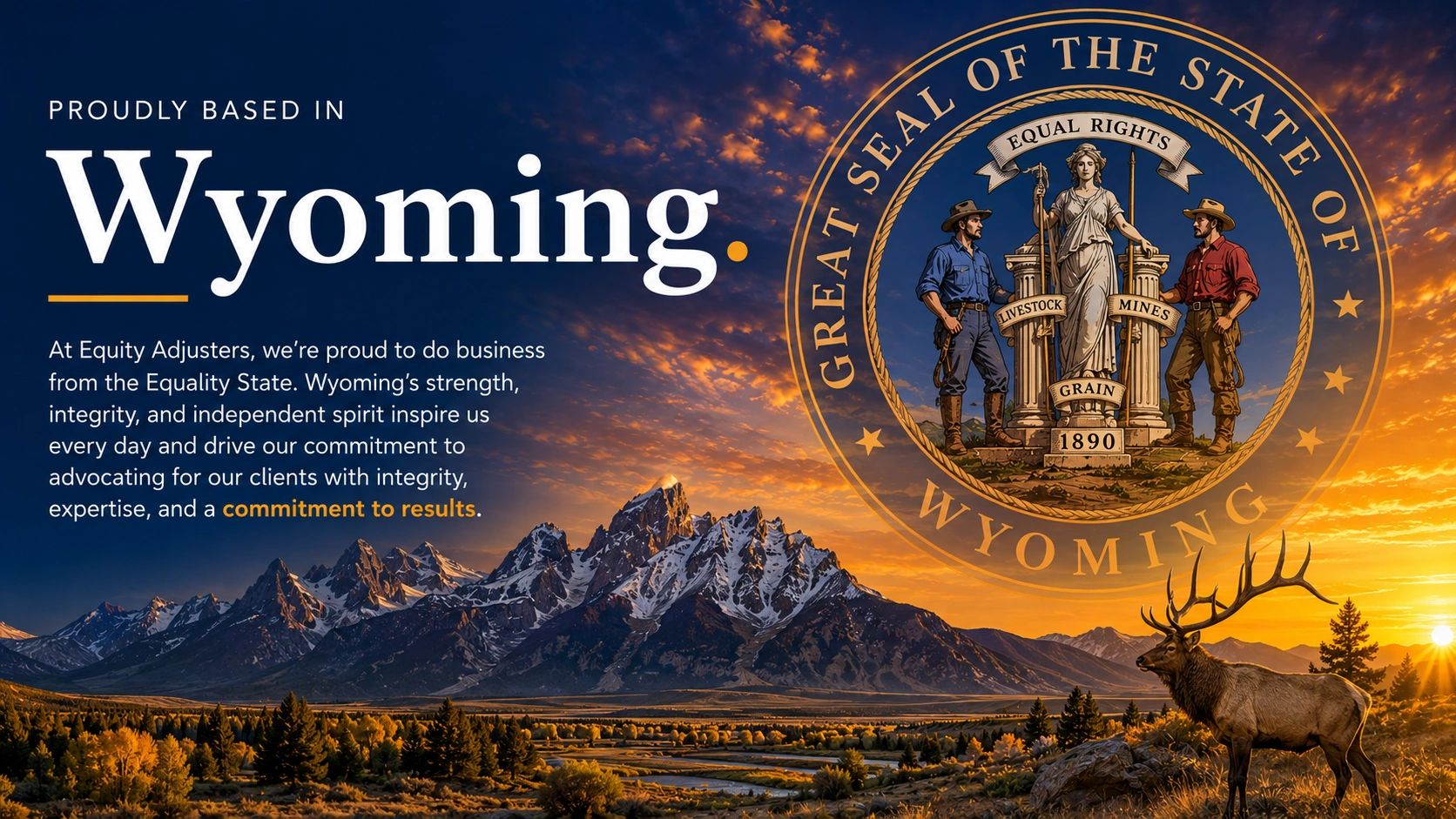 Wyoming sunset with state seal and wildlife.