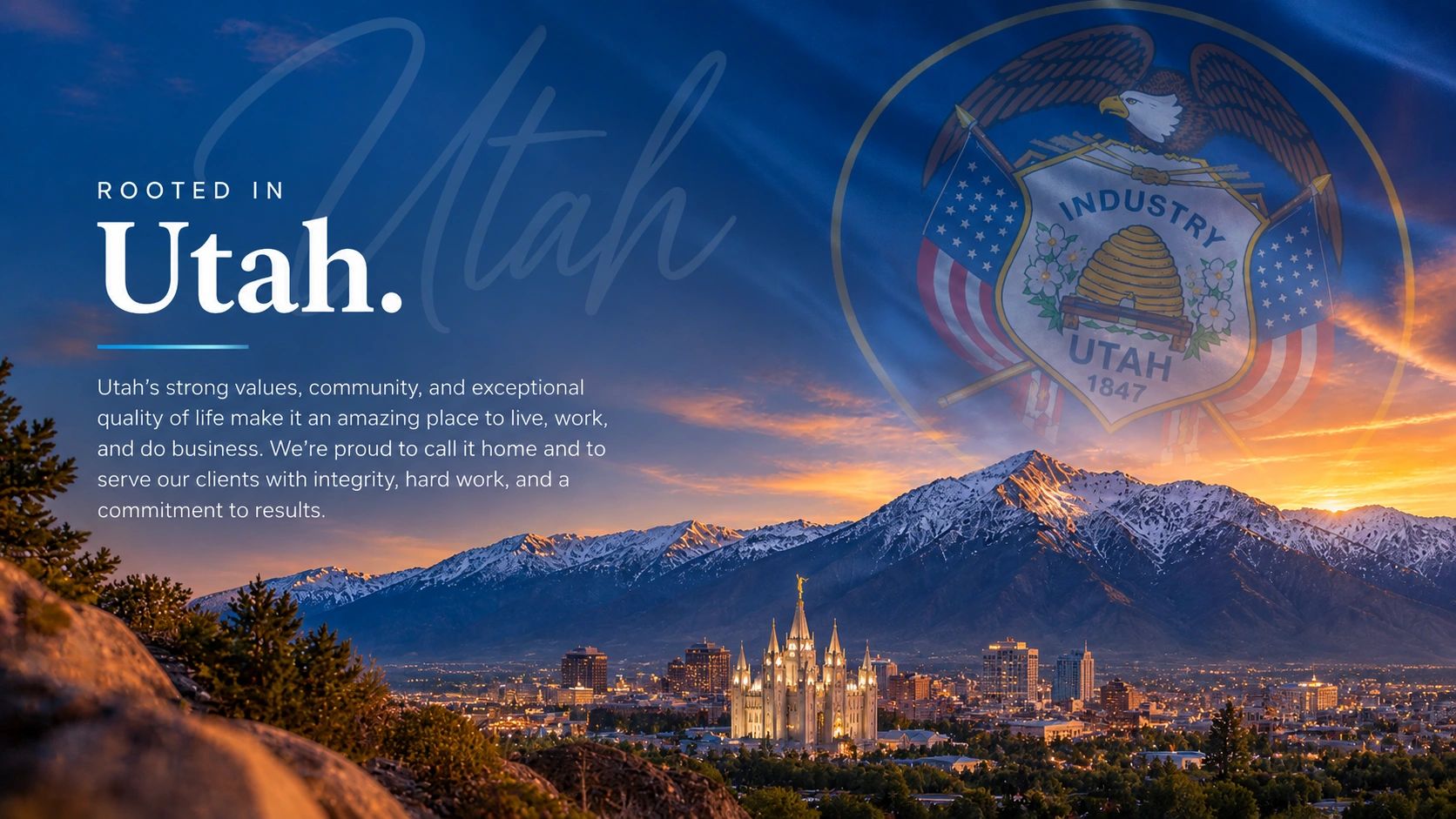 Utah cityscape with sunset and state emblem.