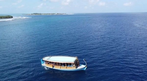 Maldives Dive Dhoani, traditional wooden boat, cursing gracefully through the crystal clear waters