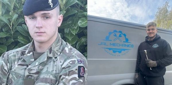 Young man in military uniform and later as a mechanic by a JRL Mechanics van.