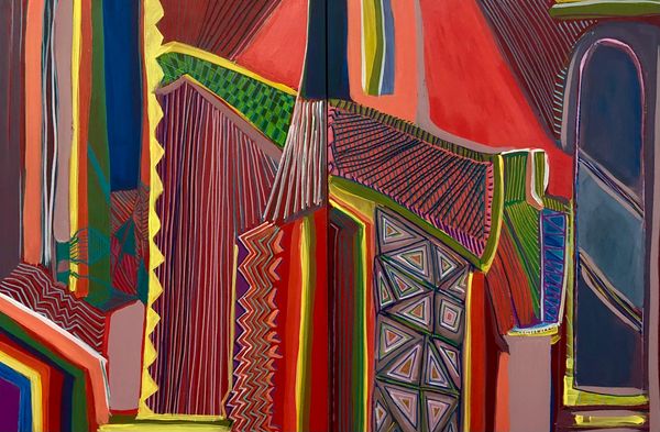 Acrylic and Ink Diptych Painting on Wood Panel