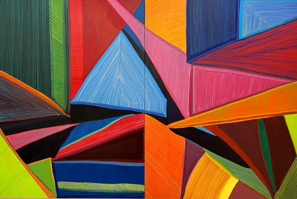 Acrylic and Ink Diptych Painting on Wood Panel.