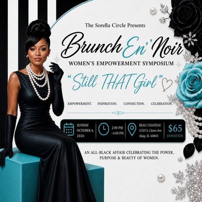 Elegant woman in black dress promoting Brunch En' Noir women's empowerment event.