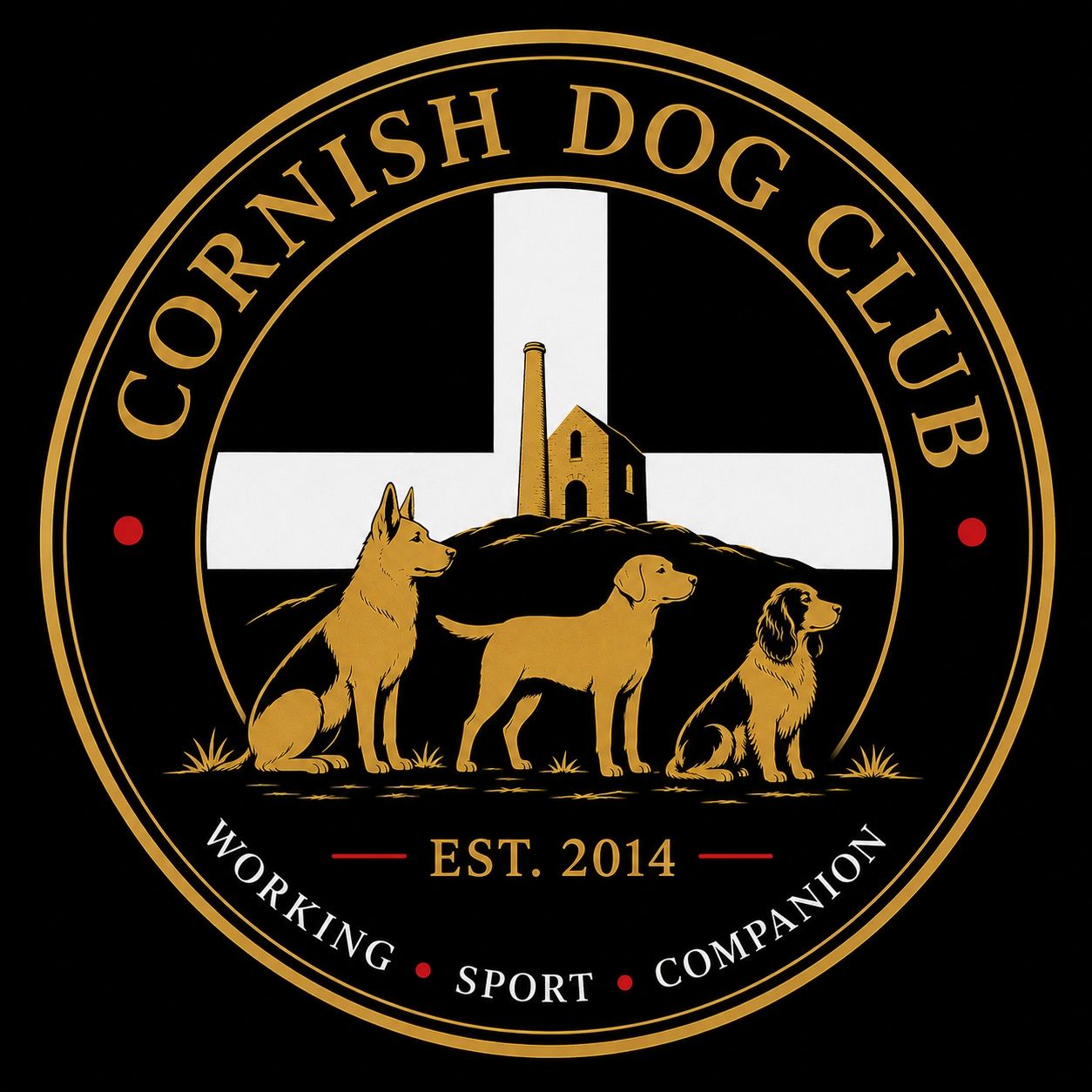 Logo of the Cornish Dog Club featuring three dogs and a historic building with a flag.