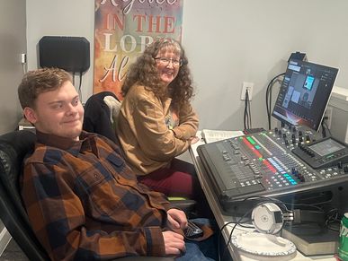 Ethan takes on the responsibility of making sure the sound is spot on! Darlene is on the computer ge