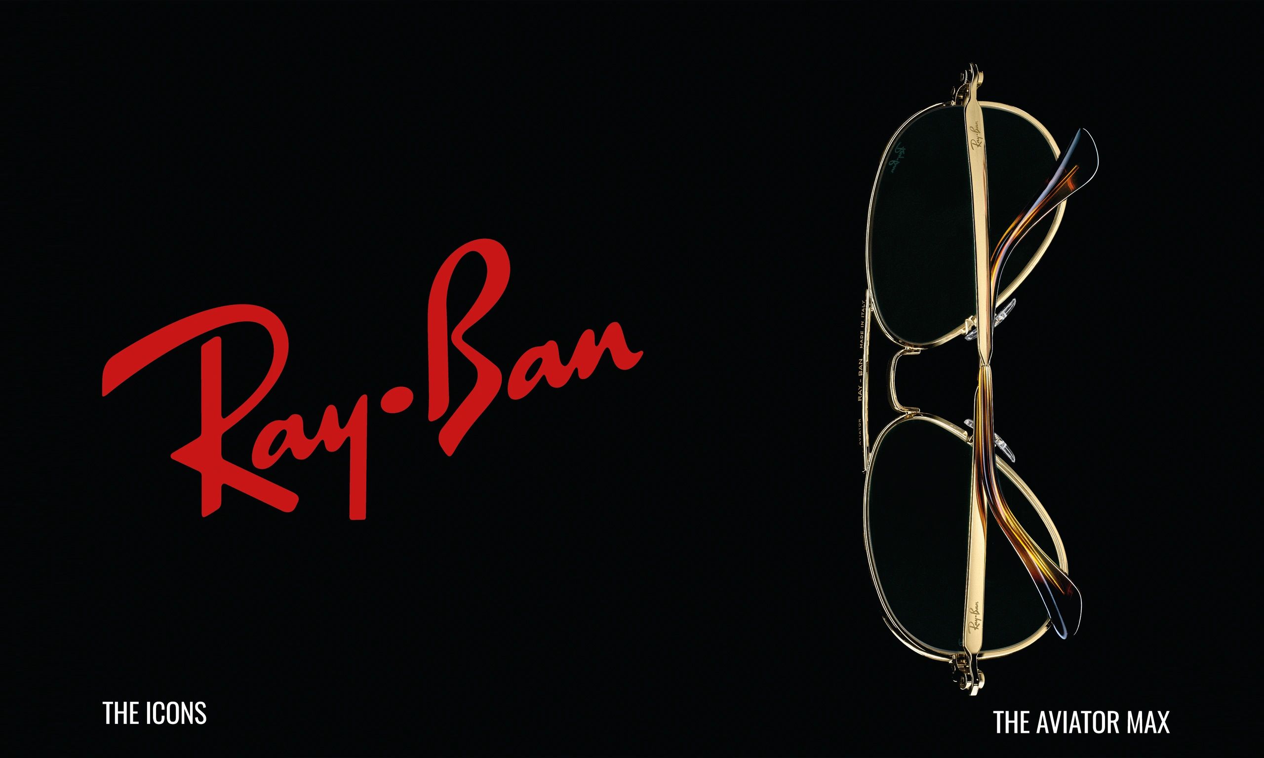 Ray-Ban Aviator Max sunglasses with gold frames and black lenses on a black background.