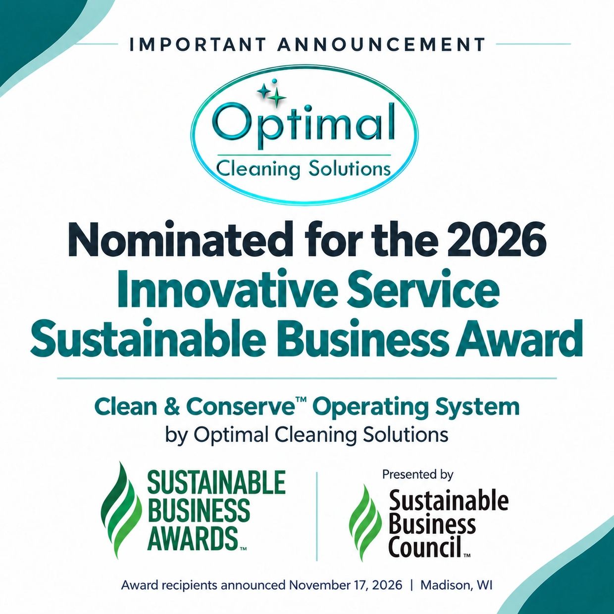 Optimal Cleaning Solutions nominated for 2026 Sustainable Business Award.