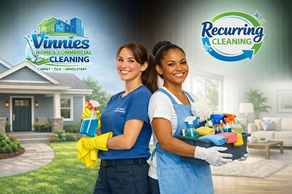 Two smiling women with cleaning supplies representing a professional home and commercial cleaning service.