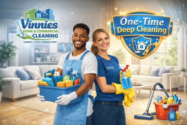 Two smiling cleaners with supplies promoting Vinnies cleaning services.
