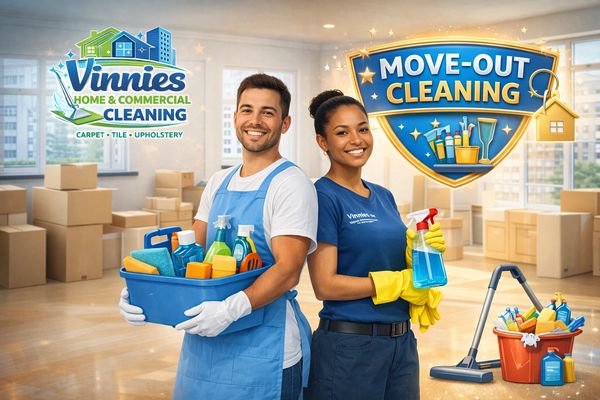 Two professional cleaners with supplies in a move-out cleaning setting.
