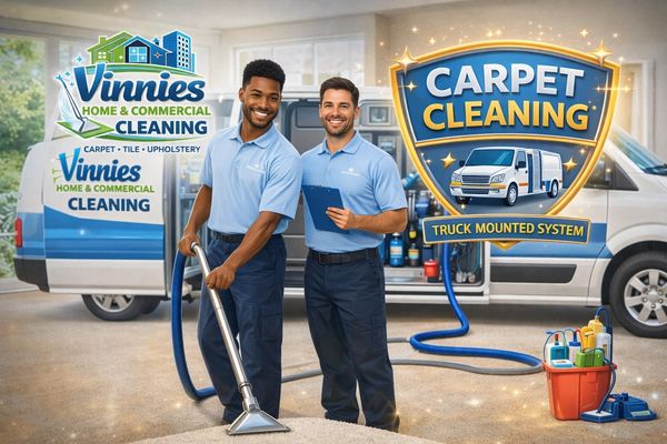 Two smiling men in blue uniforms cleaning carpet with professional equipment.