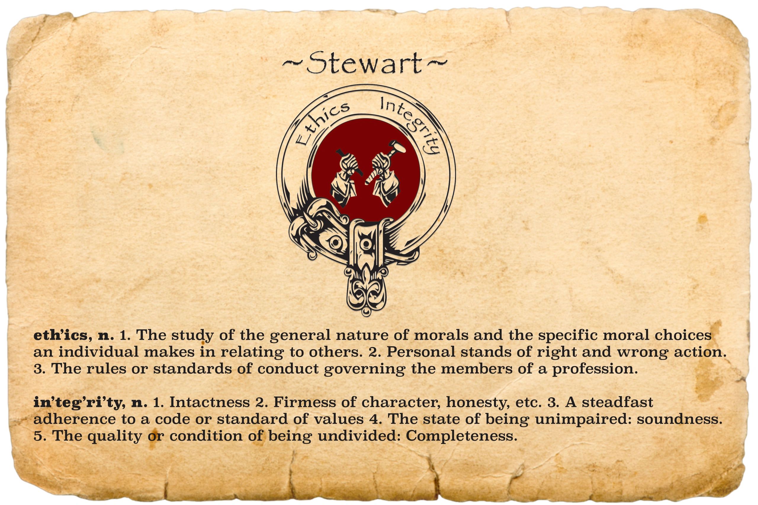 Vintage-style document defining ethics and integrity with a Stewart family crest.