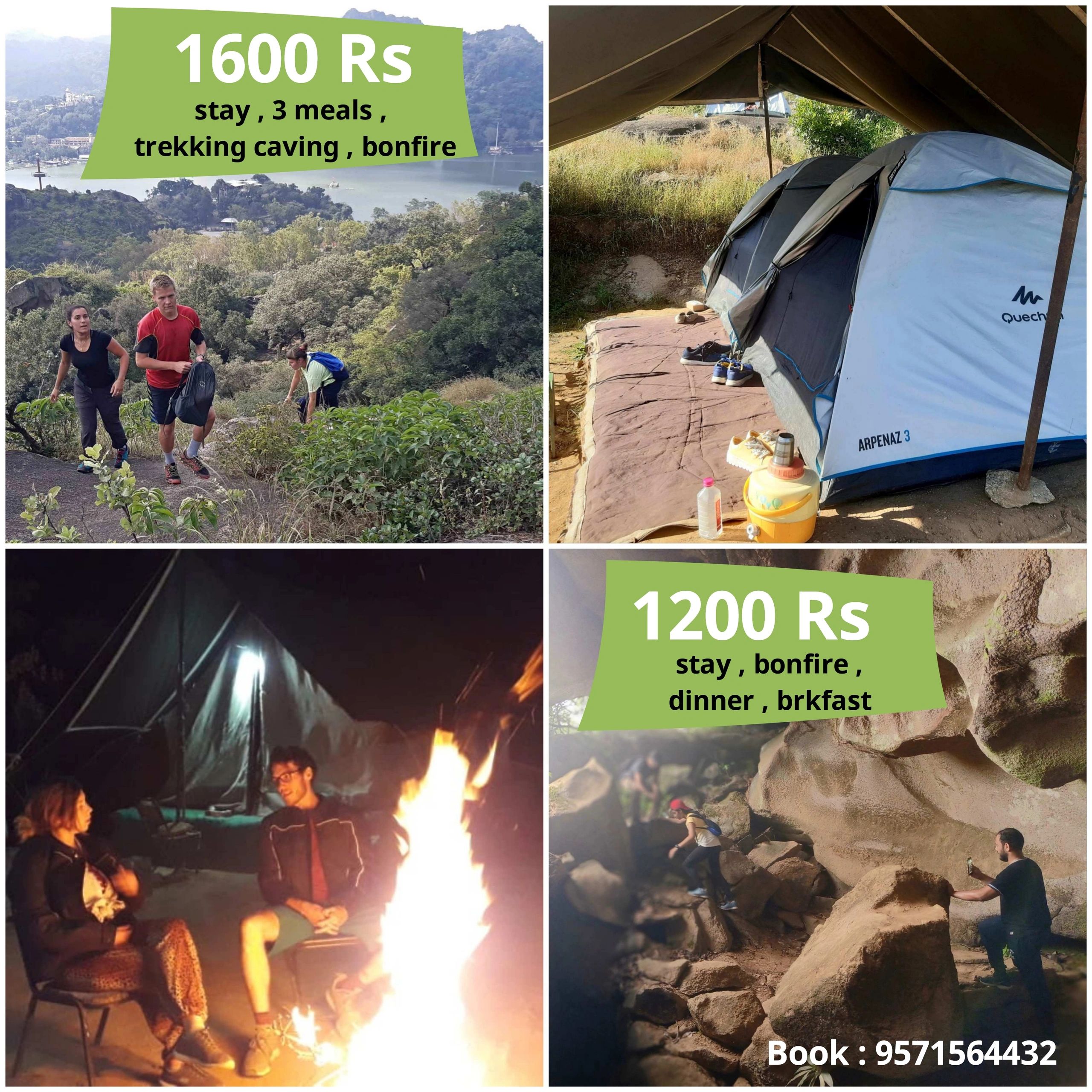 trekking camping in mount abu , tourist at bonfire caving rock climbing in mount abu