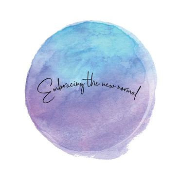 A blue and purple moon with the words embracing the new normal. One of Karen's logo's