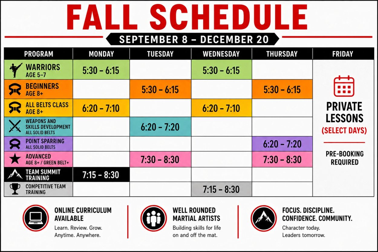 Fall Schedule
Martial Arts Classes
Fall Registration open
Taekwondo