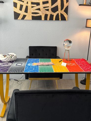 Inside Phoenix psychics Office her desk where she gives her psychic and tarot card readings
