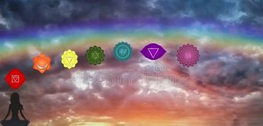 A rainbow in the sky with chakra images
