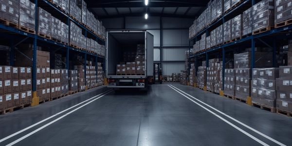 A truck unloading boxes in a large, organized warehouse.