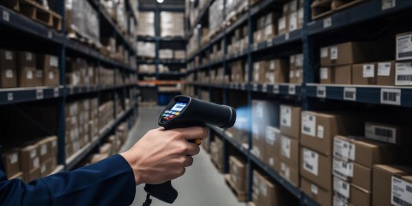 Hand holding a barcode scanner in a warehouse aisle filled with boxes.
