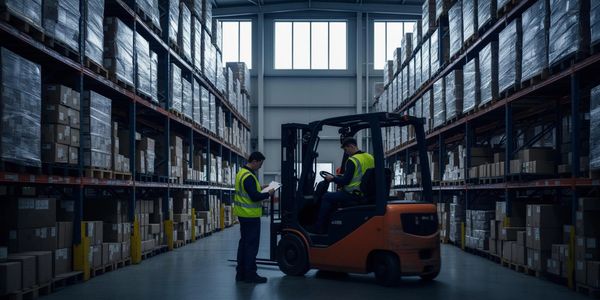 Two workers in a warehouse with one on a forklift and the other holding a clipboard.