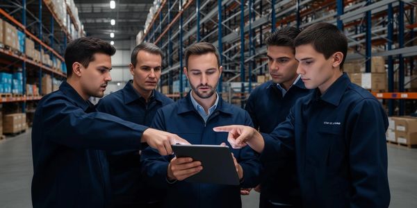 Five men in a warehouse reviewing information on a tablet.