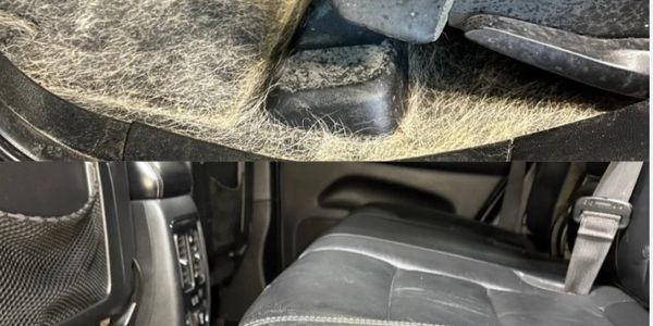 Car floor covered in pet hair before and after cleaning.