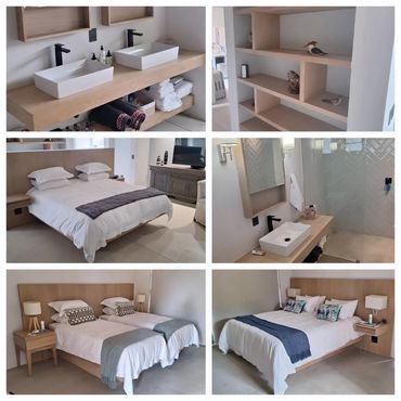 Modern minimalist bedroom and bathroom design with light wood and white tones.