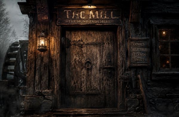 Old wooden door of a dark mill with lanterns.