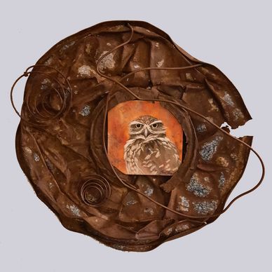 3D collection of found metal + small burrowing owl painting