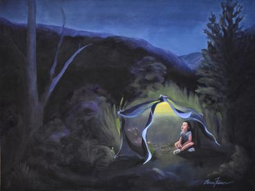 a little girl singing in a lit up tent out side in a dark scary night