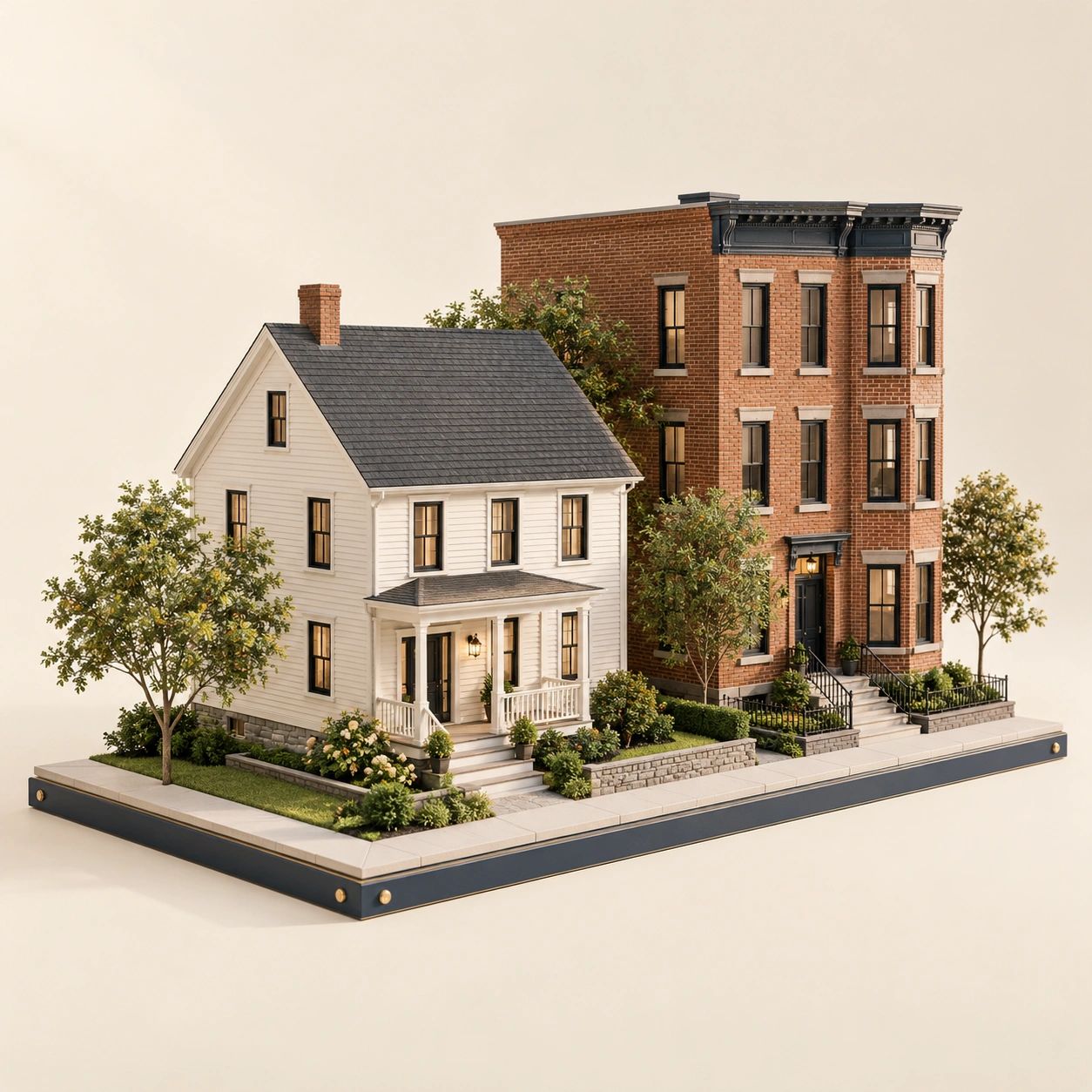 Architectural model of a New England home and Boston brick residence.
