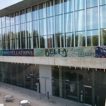 Glass walkway installation at Wyly Theatre, Constellations and Bella, DTC