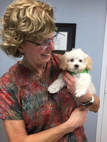 Woman smiling while holding a small puppy.