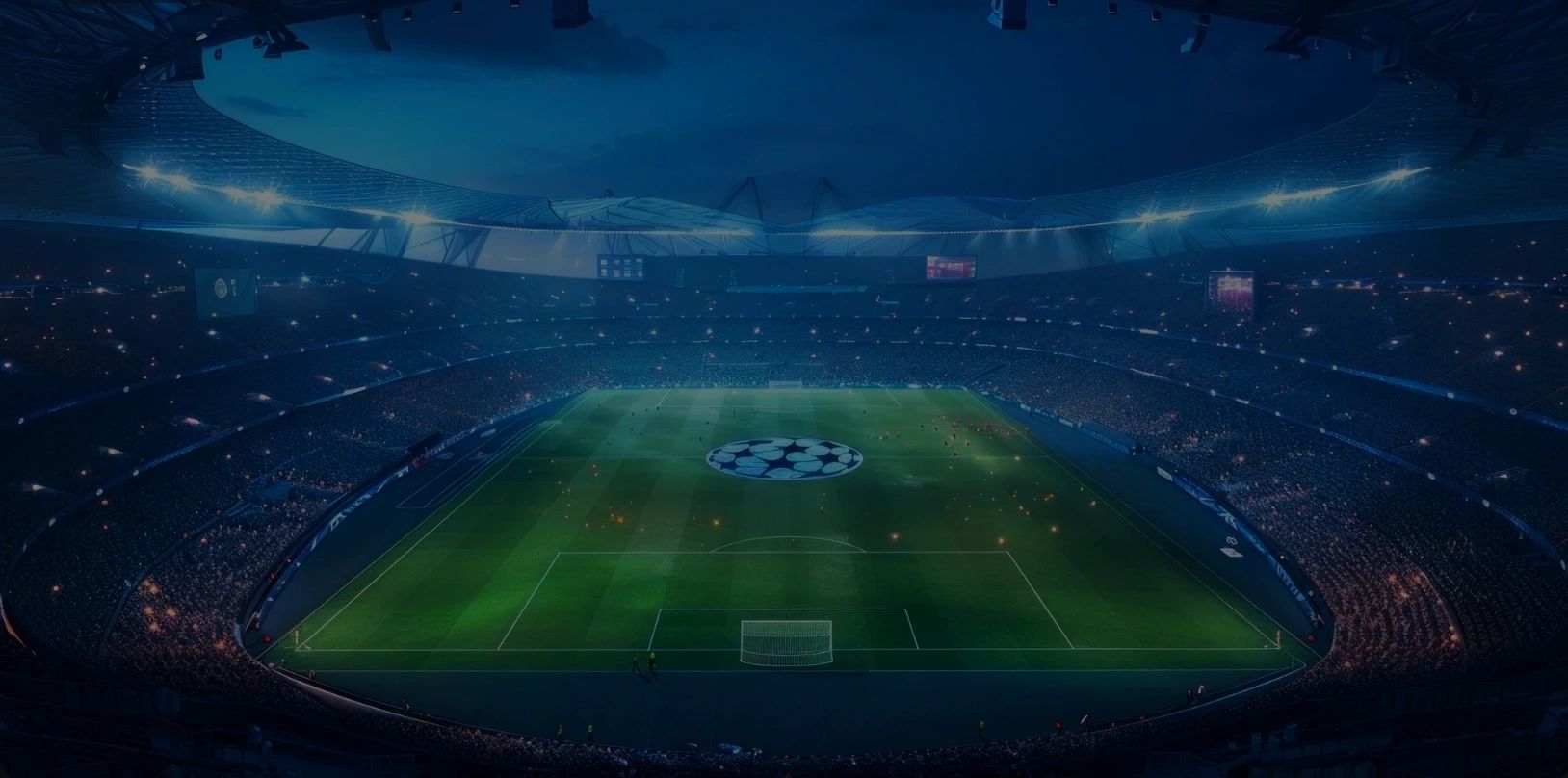 A large stadium lit up for a UEFA Champions League soccer match.