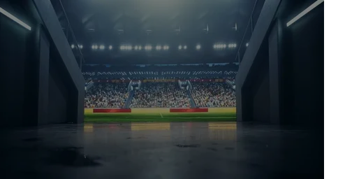 View from a dark tunnel leading to a brightly lit stadium filled with spectators.